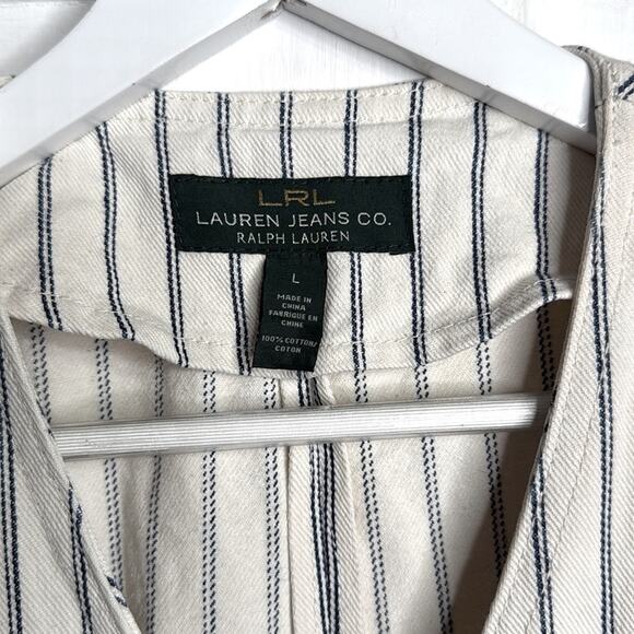 Vintage Ralph Lauren White Jean Vest Navy Pinstriped Nautical Buttons W1763 Sz L - Picture 2 of 7